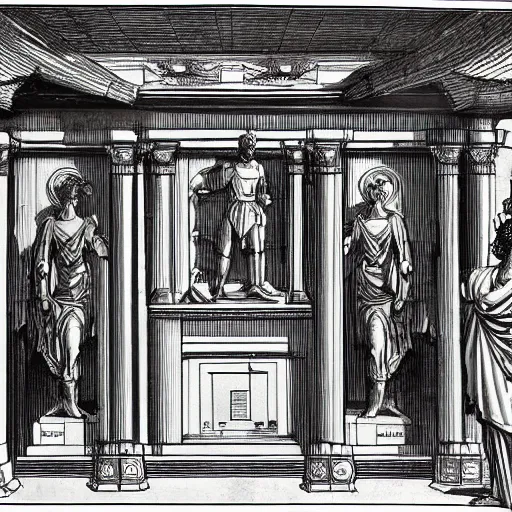 Image similar to an architecture drawing of a supercomputer from Alexandria in Late Antiquity, involving a statue of a god and a chamber full of gears and machinery