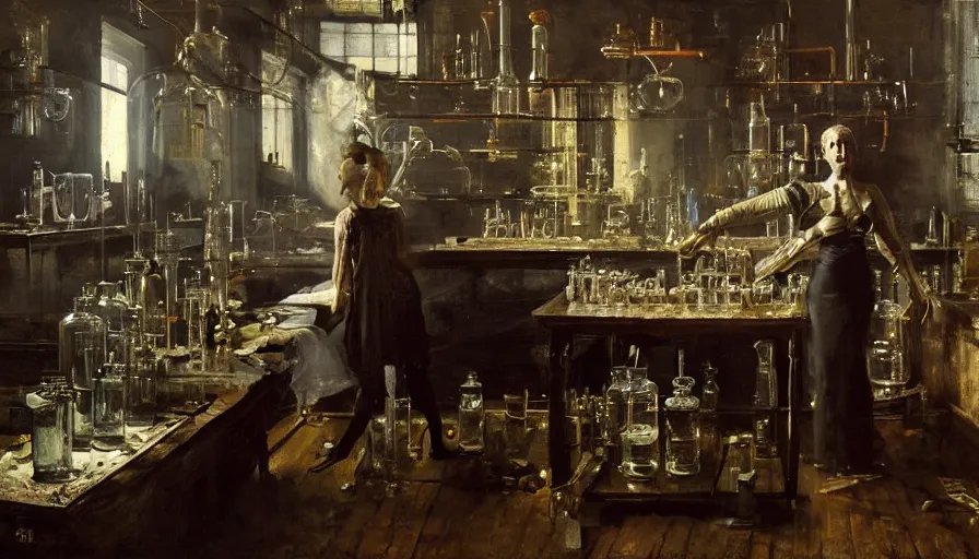 Prompt: !dream in the styles of Thomas Eakins,Adolph Friedrich Erdmann von Menzel, Vasily Surikov , H.R. Giger. A fantasy alchemist working in dusty old laboratory with flasks and glassware, oil painting, by Greg Rutkowski. Hyper-realism, chemistry.