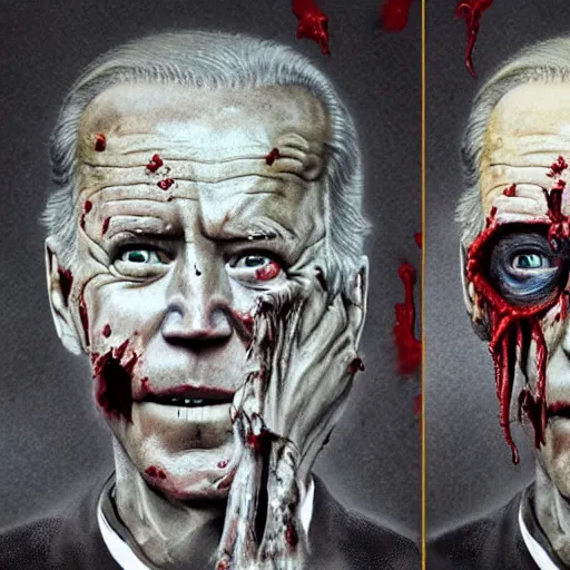 Image similar to joe biden as a rotting zombie, full body portrait, in a front of podeum, horror core, apocalyptic, feeling of grimdark, sharp focus, fiction, hyper detailed, digital art, trending in artstation, cinematic lighting, studio quality, smooth render, unreal engine 5 rendered, octane rendered, art style and nixeu and wlop and krenz cushart