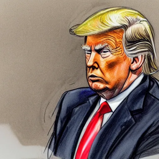 Prompt: donald trump on trial, courtroom sketch