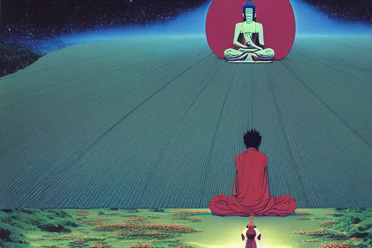 Prompt: one gigantic massive evangelion praying buddha position in the valley of the wind, naussica, ray lighs showing from deep forest darkness, a lot of exotic vegetation, trees, flowers, dull colors. by moebius, ikuto yamashita, craig mullin, greg rutkowski, ghibli, and rodney matthew, hyperrealism, intricate detailed, risograph