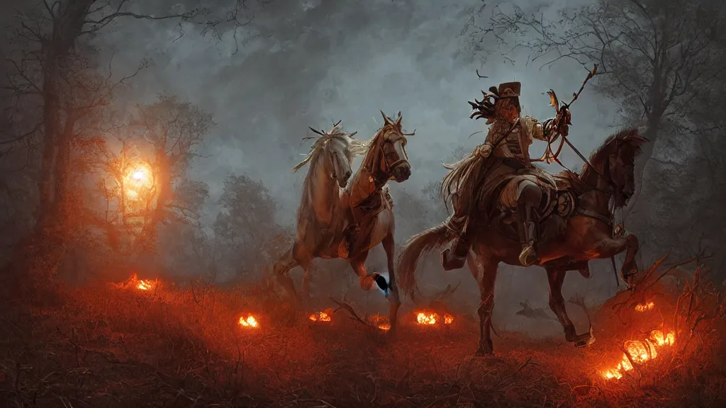 Prompt: a colonial rider!!!! with jack - o - lantern head on lone rampant!!! ( ( black horse ) ) with fiery eyes, background gnarled trees and large supermoon, in the styles of greg rutkowski, keith parkinson, and john quidor, intricate, detailed, volumetric lighting
