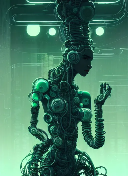 Image similar to highly detailed portrait of a biopunk long curly white hair tribal lady, stray wiring by atey ghailan, james gilleard, by joe fenton, by greg rutkowski, by greg tocchini, by kaethe butcher, 4 k resolution, gradient green, black and white color scheme!!! ( ( green irradiated robotic dystopian city background ) )