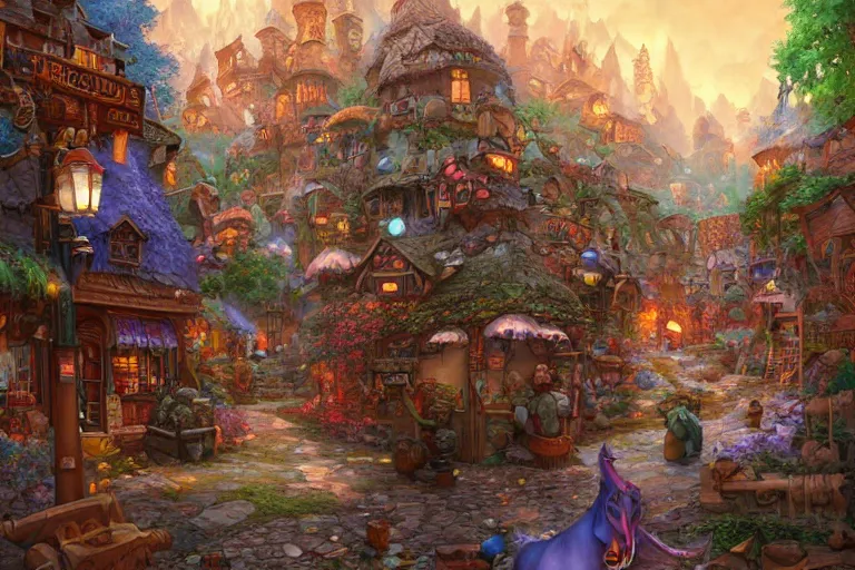 Image similar to dmt cozy fantasy village street view by artgerm and Craig Mullins, James Jean, Andrey Ryabovichev, Mark Simonetti and Peter Morbacher 16k