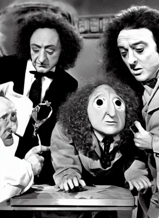 Image similar to Billy Wilder, Marty Feldman and weird al Yankovic in a still of the movie Young Frankenstein, hyperrealistic, cinema