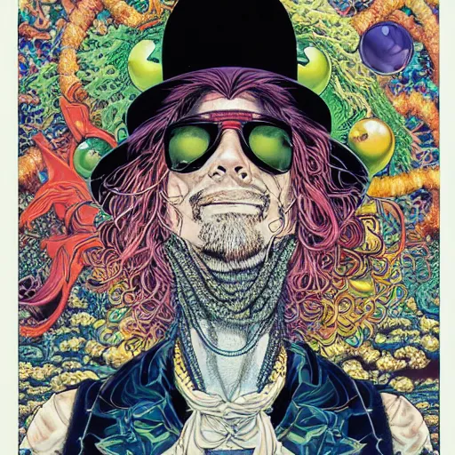 Image similar to portrait of crazy hippy man, symmetrical, by yoichi hatakenaka, masamune shirow, josan gonzales and dan mumford, ayami kojima, takato yamamoto, barclay shaw, karol bak, yukito kishiro