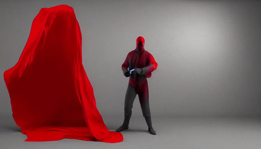 Image similar to invisible man wrapped in red sheet, actionpose, photorealistic rendering, raytracing, volumetric lighting, cloth simulation, reflections, darkness, high contrast