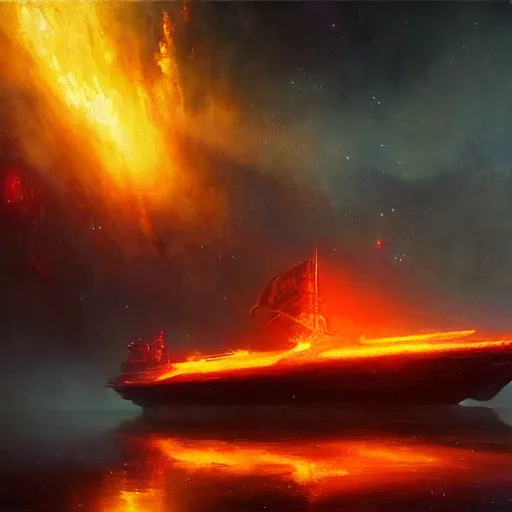 Image similar to UHD photorealistic Cosmic Ghost ship in a radioactive lake of fire, in the style of tonalism by Greg Rutkowski, trending on Artstation, hyperrealistic, correct details