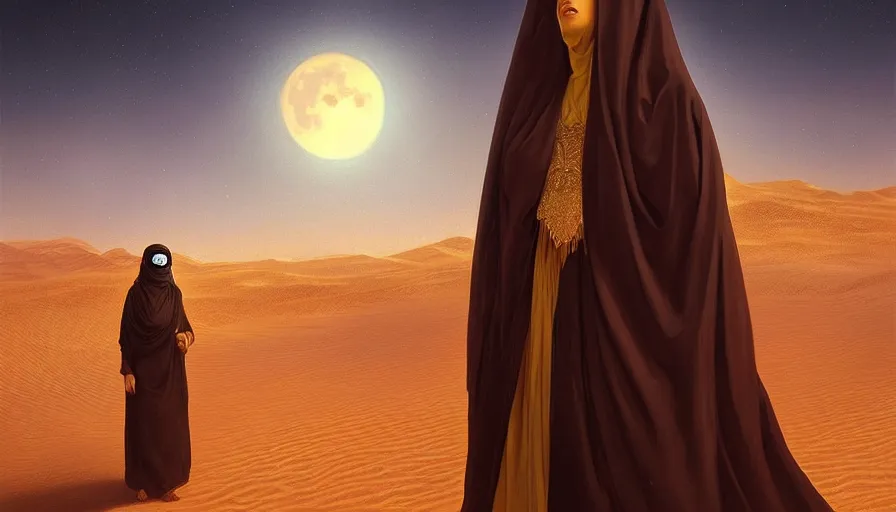 Prompt: Portrait of very very very very very very beautiful Arab woman wearing a burqa, glowing gold eyes, under giant full moon in the desert, intricate, elegant, highly detailed, digital painting, artstation, concept art, smooth, sharp focus, illustration, greg rutkowski, artgerm, alphonse mucha, masterpiece