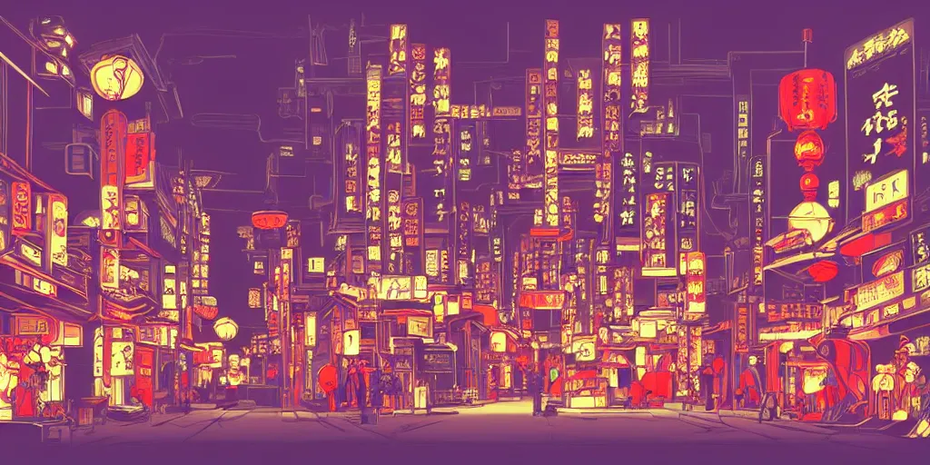 Prompt: neo tokyo in the style of studio ghibli, night, traditional red china lamps, high contrast, ghibli