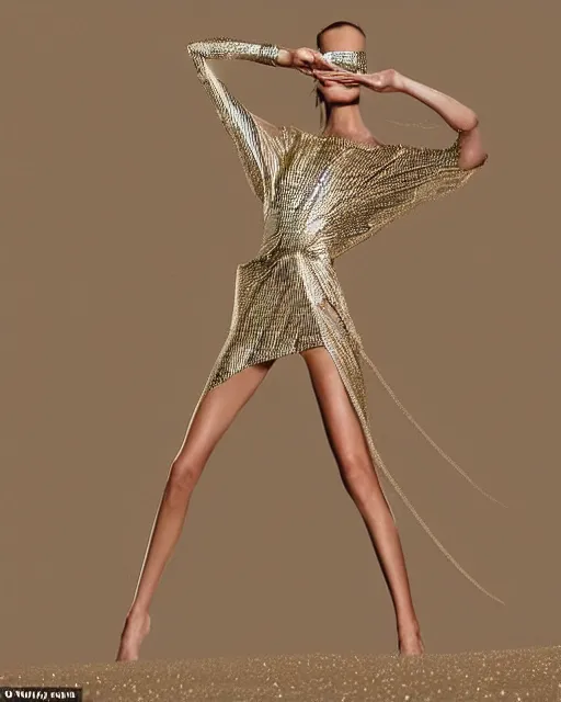 Image similar to standing in an abstract desert dunes criss-crossed with razor-thin lasers and threads, a young beautiful elegant blindfolded fashion model woman wearing posing in a splendid shiny metallic party dress, face and eyes obscured by a floating mid-air laserbeams and geometry