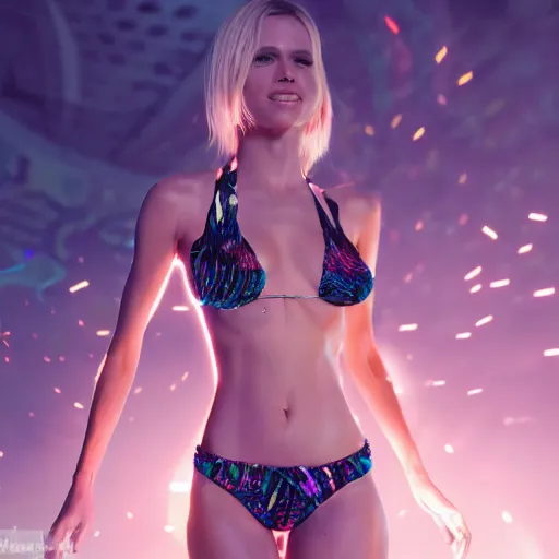 Image similar to full body pose, hyperrealistic photograph of a rave bikini, dim volumetric lighting, 8 k, octane beautifully detailed render, extremely hyper detailed, intricate, epic composition, cinematic lighting, masterpiece, trending on artstation, very very detailed, stunning, hdr, smooth, sharp focus, high resolution, award, winning photo, dslr, 5 0 mm