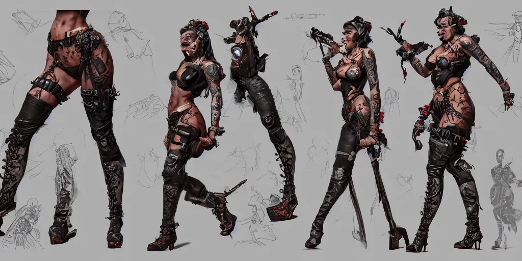 Image similar to gina as an armored tattooed pinup rockabilly warrior, character sheet, concept design, contrast, kim jung gi, greg rutkowski, zabrocki, karlkka, jayison devadas, trending on artstation, 8 k, photo realistic, ultra wide angle, pincushion lens effect