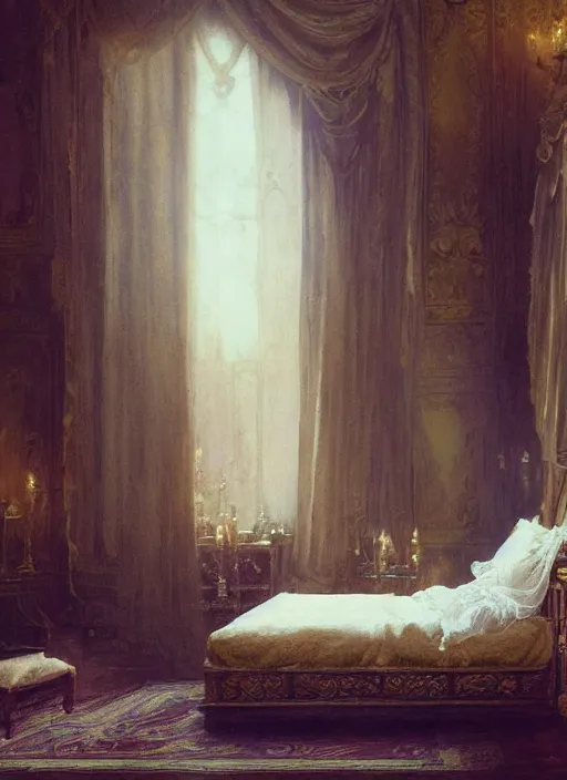 Prompt: detailed interior shot of a queen lying sleepless on royal bed, in the style of greg rutkowski, in the style of charles sillem lidderdale, artstation,