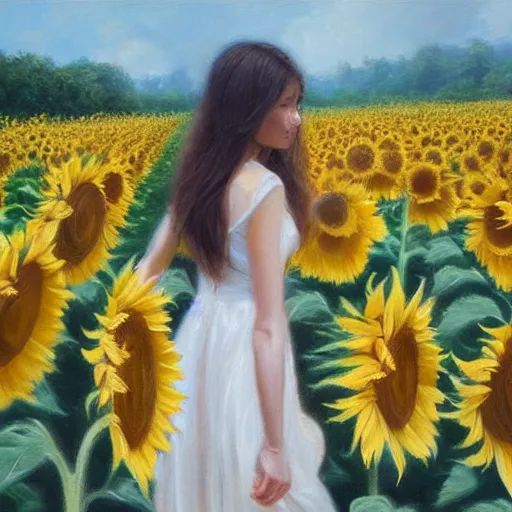 Image similar to a girl slowly walking through amazing tall sunflower field, hair flowing, early morning lighting, elegant, subtle, intricate details, real masterpiece, oil on canvas, by somsak anong