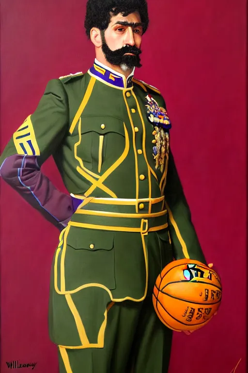 Prompt: full body portrait of the dictator of the los angeles lakers, 1 8 8 9, in full military garb, oil on canvas by william sidney mount, trending on artstation