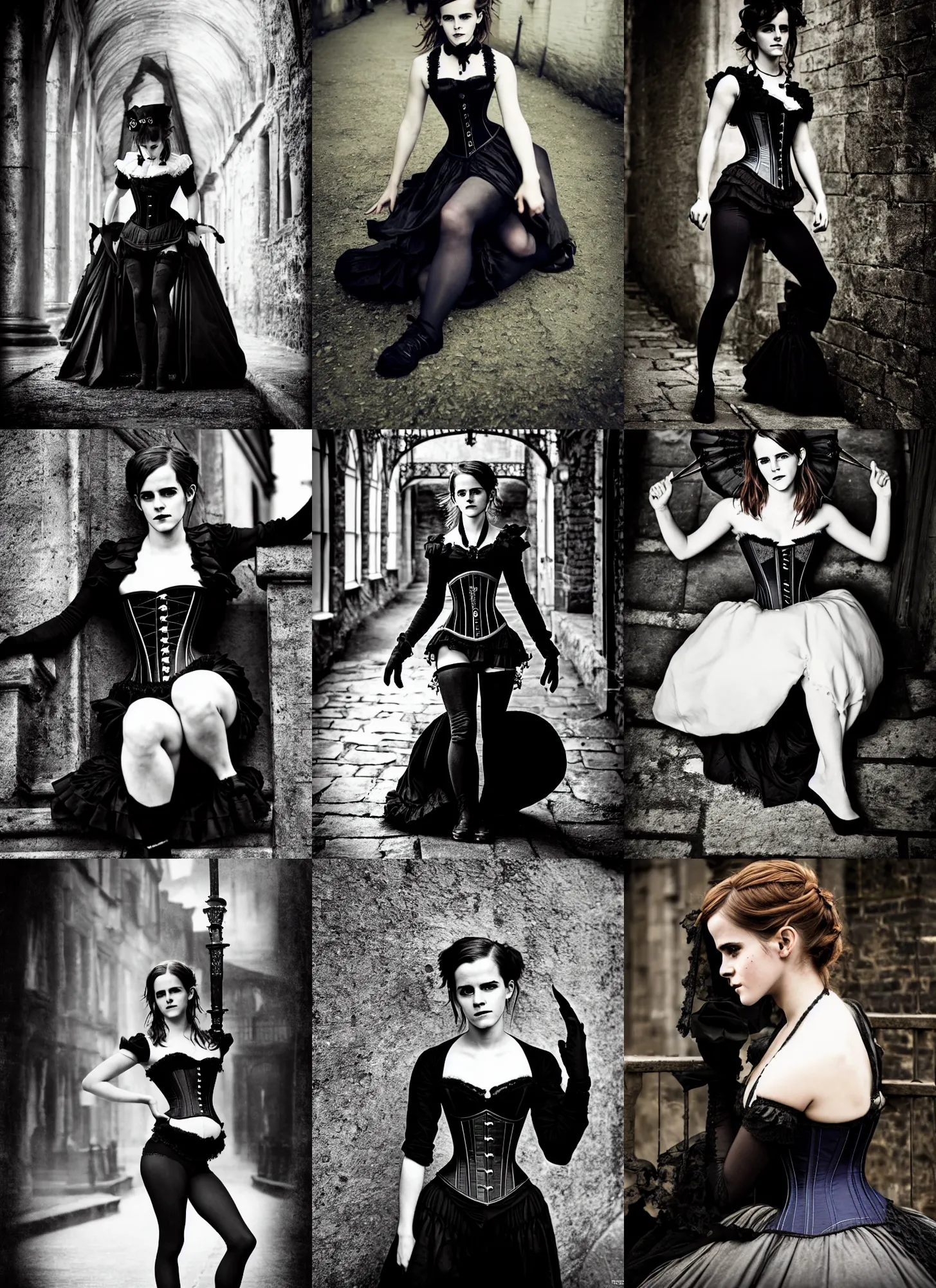 Prompt: Emma Watson for Victorian Secret as goth, squatting pose, corset, full length shot, dark street, itemized, XF IQ4, 50MP, 50mm, f/1.4, ISO 200, 1/160s, natural light, Adobe Lightroom, rule of thirds, symmetrical balance, depth layering, polarizing filter, Sense of Depth