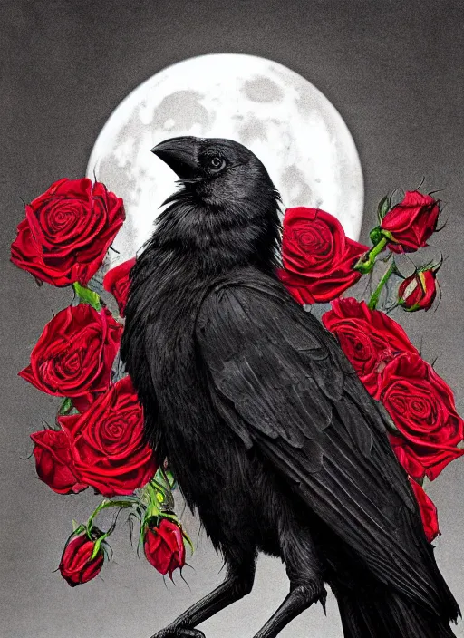 Image similar to portrait, A crow with red eyes in front of the full big moon, book cover, red roses, red white black colors, establishing shot, extremly high detail, foto realistic, cinematic lighting, pen and ink, intricate line drawings, by Yoshitaka Amano, Ruan Jia, Kentaro Miura, Artgerm, post processed, concept art, artstation, matte painting, style by eddie mendoza, raphael lacoste, alex ross