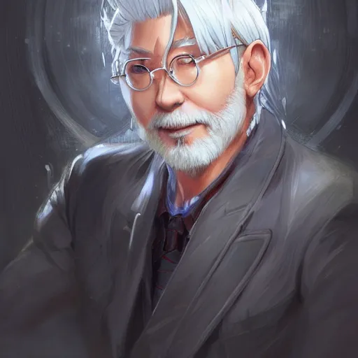 Image similar to anime portrait of a middle aged man, silver hair by Stanley Artgerm Lau, WLOP, Rossdraws, James Jean, Andrei Riabovitchev, Marc Simonetti, and Sakimichan, trending on artstation