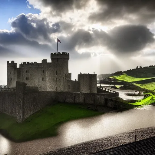 Image similar to Dover castle surrounded by floodwater, England, dramatic lighting, god rays, cinematic, epic, HDR