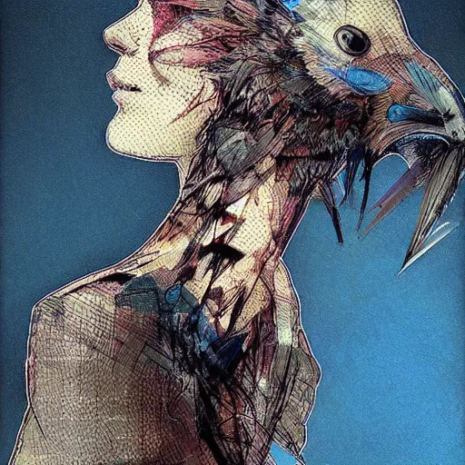 Prompt: portrait of a digital bird on the shoulder of a womain progressively rasterized into pixels, by yoji shinkawa, esao andrews and dave mckean