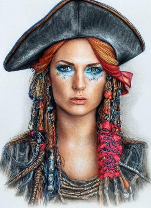 Prompt: full body detailed colored pencil drawing of a beautiful pirate female with a beautiful face wearing intricate clothing