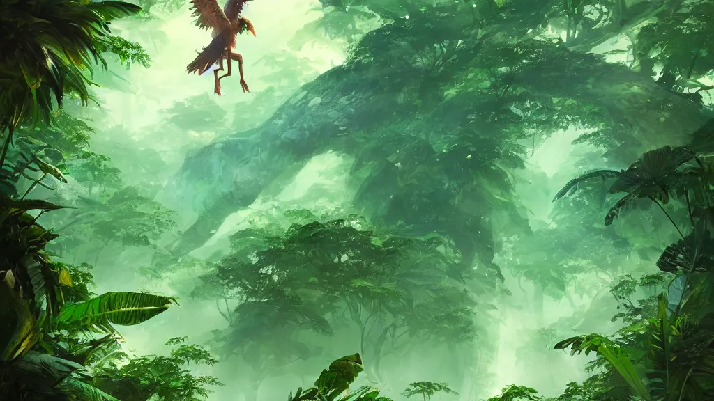 Image similar to giant green winged monster flying through a lush jungle, obscured by giant trees, by sylvain sarrailh, rossdraws, ambient light, ultra detailed, fantasy artwork, 8 k, volumetric lighting, trending on artstation, award winning, very beautiful.