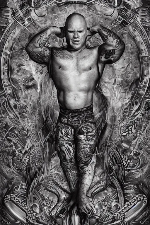 Prompt: Photorealistic Portrait of frontal standing pose torso of a very attractive buffed Bill Burr heavily tattooed. all his skin is covered by Mayans tattoos, surrounded by magic lightings overlays, Intricate, concept art, magic lighting overlays, magical portal opened, D&D!, fantasy style, sharp focus!, ultra detailed, art by Artgerm and Peter Andrew Jones, WLUP, Magali Villeneuve