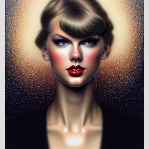 Image similar to face portrait of an absurdly graceful, elegant, sophisticated taylor swift covered in black feathers in the style of casey baugh, vladimir kush, yasunari ikenaga, yasar vurdem, william oxer, intricate, beautiful, artstation 8 k, high resolutionsparkling atom fractals of jewls cords