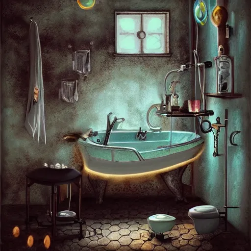 Image similar to steampunk bright tiny bathroom in the warm morning light, soap, bubbles, small perfumes, beautifully lit, painting, high resolution, trending on artstation