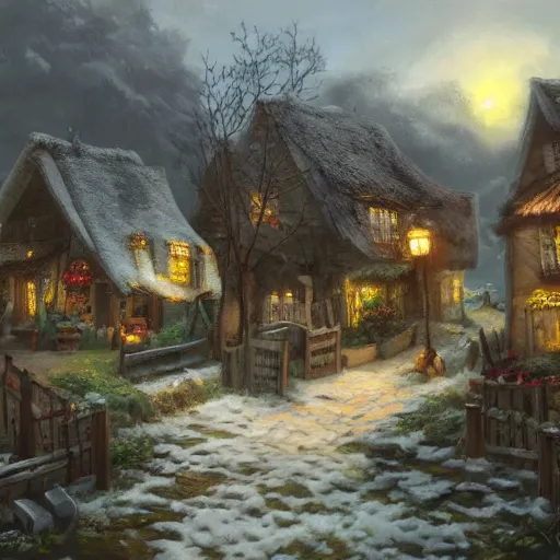 Prompt: Quaint village, by William Henrits, Hovik Zohrabyan, Linda Wilder, Ken Hong Leung, Johan Messelm