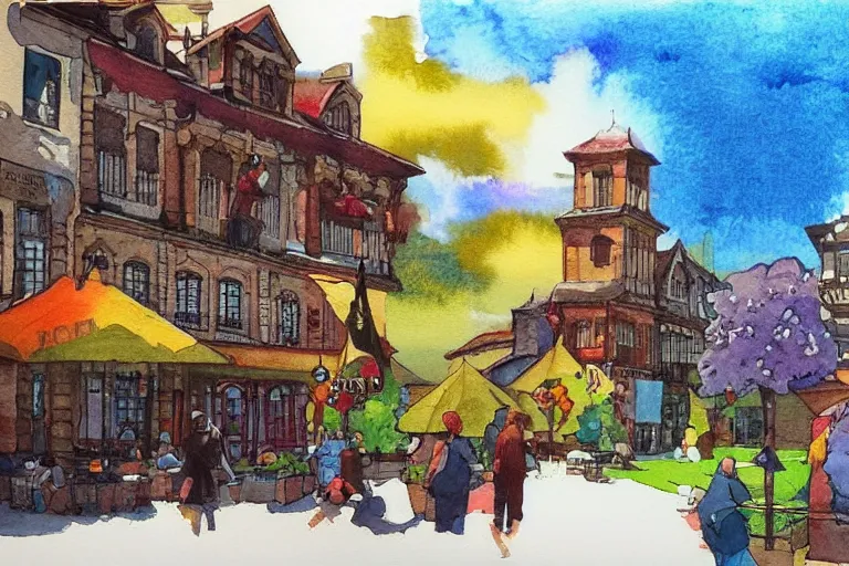 Prompt: !! watercolor!! townsquare in a sunny day, artwork by tooth wu, colorful high contrast,!! very coherent!!, dark shadow, thick lineart