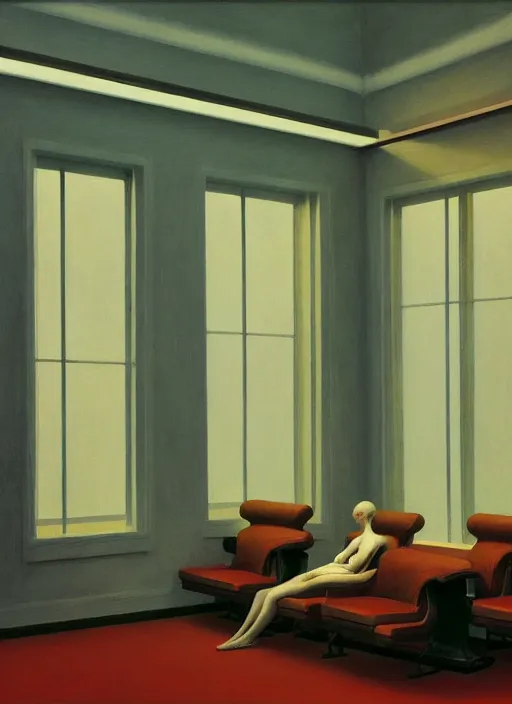 Image similar to inside a waiting room, Edward Hopper and James Gilleard, Zdzislaw Beksinski, Mark Ryden, Wolfgang Lettl highly detailed, hints of Yayoi Kasuma