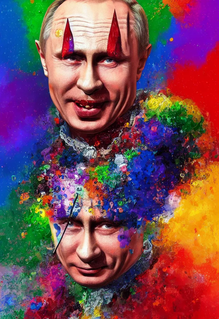 Image similar to a highly detailed portrait of Vladimir Putin as a colorful clown, gay pride flag background, intricate, digital painting, old english, particles floating, whimsical background by marc simonetti, John Singer Sargent style, masterpiece, stunning