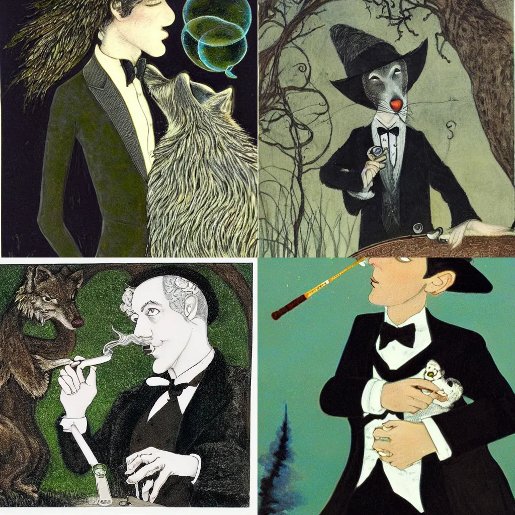 Prompt: portrait of a singular aristocratic wolf!!!!!!!! wearing a tuxedo and smoking an old pipe, in style of ida rentoul outhwaite, closeup, isolated