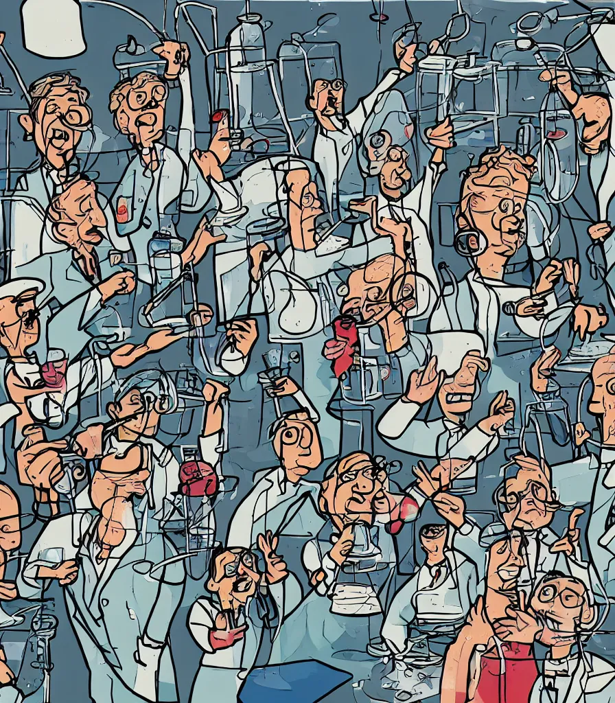 Image similar to a beautiful artwork of scientists throwing a party in a messy laboratory, comic, chaotic, funny drawing