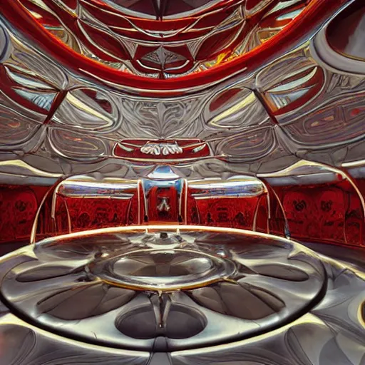 Image similar to interior of a futuristic organic scifi temple with gold, red and white marble panels, in the desert, by buckminster fuller and syd mead, intricate contemporary architecture, photo journalism, photography, cinematic, national geographic photoshoot