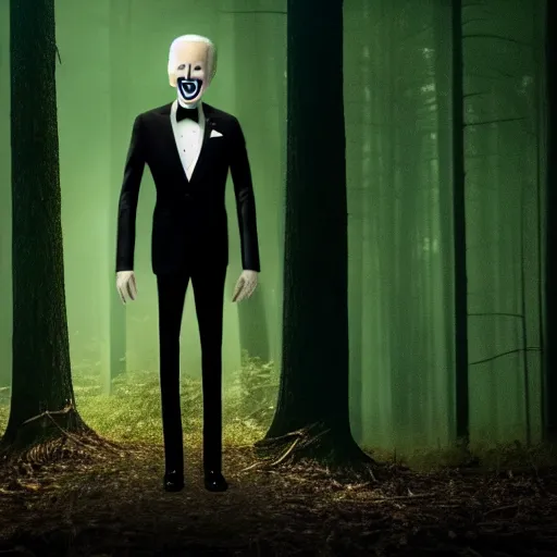 Image similar to joe biden as slenderman in forest, creepy joe biden, tall trees, night, creepy, horror, movie still, dark, haunted, cinematic lighting, ray tracing, octane render, long lens, shallow depth of field, bokeh, anamorphic lens flare, 8 k, hyper detailed, 3 5 mm film grain