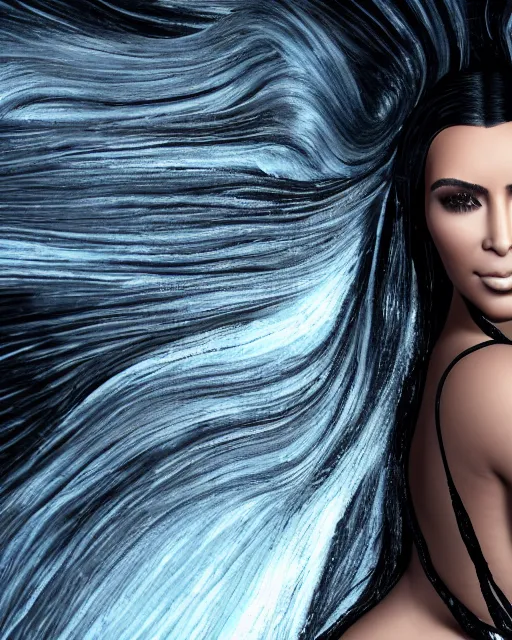 Prompt: epic full - pov - shot still of kim kardashian unconscious wearing a black lace dress in a transparent alien liquid, wet flowing hair, gooey skin, illustration, unreal engine 5, 8 k, made by h. r. giger.