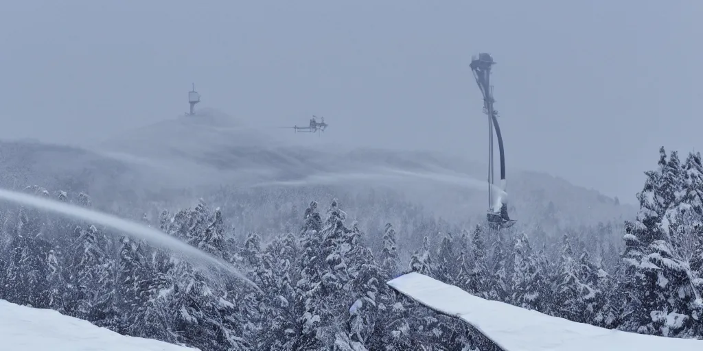 Image similar to snowmaking machine, snowy mountains at background, realistic, 8 k