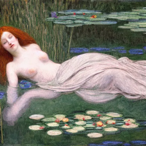 Image similar to ophelia, laying flat submerged in water floating down the river amongst the reeds fully covered in robes and lake foliage weeds reeds fully clothed in flowing medieval robes by rosetti and monet, 8 k