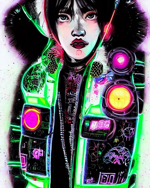 Image similar to detailed portrait Neon Operator Girl, cyberpunk futuristic neon, reflective puffer jacket, black leggings, decorated with traditional Japanese ornaments by Ismail inceoglu dragan bibin hans thoma !dream detailed portrait Neon Operator Girl, cyberpunk futuristic neon, reflective puffy coat, decorated with traditional Japanese ornaments by Ismail inceoglu dragan bibin hans thoma greg rutkowski Alexandros Pyromallis Nekro Rene Maritte Illustrated, Perfect face, fine details, realistic shaded, fine-face, pretty face