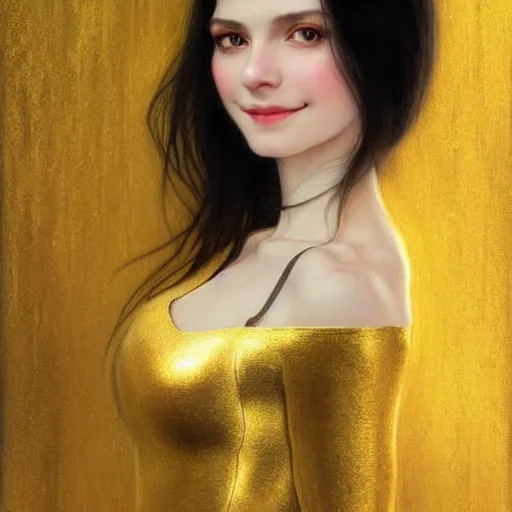 Image similar to portrait of a smiling, beautiful, pale skin eastern european female with long black hair, dark brown eyes, elegant clothing, photorealistic, highly detailed, artstation, smooth, sharp focus, gold ornaments, neon lighting, sci - fi, art by gustav klimt, artgerm, greg rutkowski and alphonse mucha