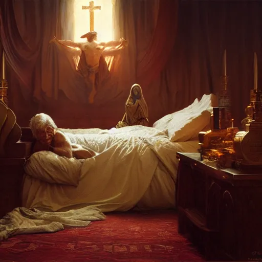 Image similar to the catholic pope in his bed, scared, because a horned demon is attacking him. highly detailed painting by gaston bussiere, greg rutkowski, craig mullins 8 k