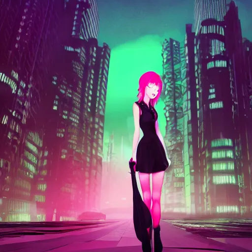 Prompt: gloomy vampire girl in a pretty mid-length black dress with a katana in front of a dystopian cybercity in neon colors, beautiful high detail photo