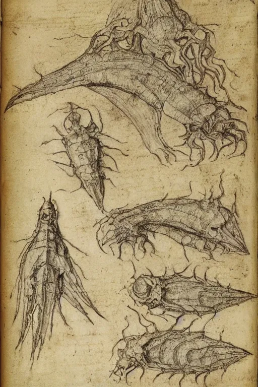 Image similar to manuscript page with diagrams of shoggoths by leonardo da vinci, sketches, scientific studies, anatomy studies, academic art, intricate