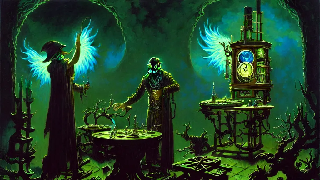 Prompt: the arcane watchmaker by albert bierstadt and gerald brom and dan mumford, floating metallic objects, blue flames, low light, glowing green crystals