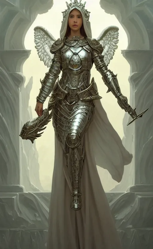 Image similar to angel, high key, full armor cloth, full body portrait, gentle, female, bright marble ruins, landscape, d & d, fantasy, intricate, elegant, highly detailed, digital painting, white gold color palette, artstation, octane render, concept art, matte, sharp focus, illustration, hearthstone, art by artgerm and greg rutkowski and alphonse mucha