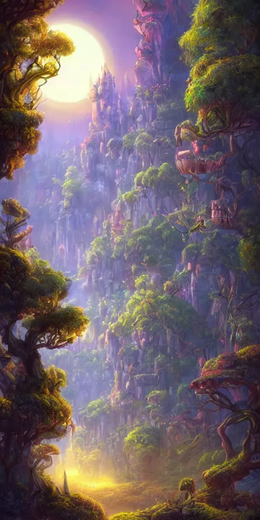 Prompt: a magical kingdom where the sun never sets and the moon is always full. the trees are alive and the air is thick with magic. by tyler edlin.