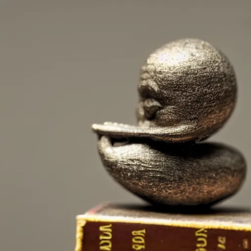 Prompt: a macro photograph of a tiny surrealist sculpture on a bookshelf in the morning sunlight